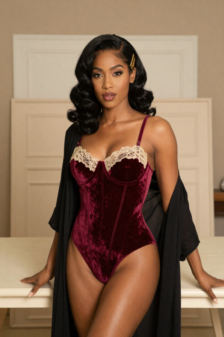 FuliDaPlastics moulding shop muse in wine-red velvet corset with gold lace, panel frames